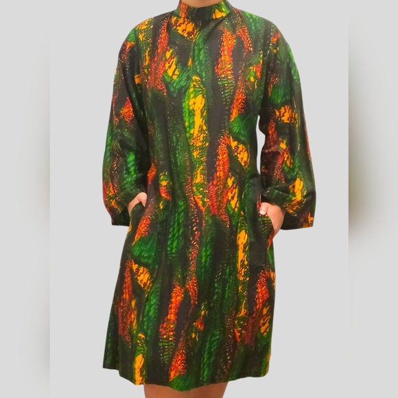 African Print Green Firefly Bell Mini Dress - Picture 5 of 6